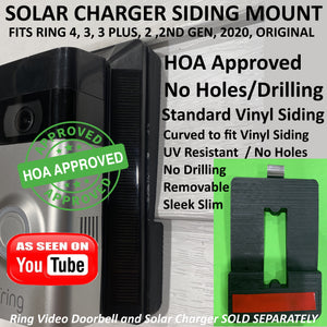 HOA approved NO HOLES no drilling Solar Charger Mount for 4" vinyl  3, Video Doorbell 3 Plus, 4, and Battery Doorbell Plus ,Ring 2, Ring Original for Vinyl Siding Only