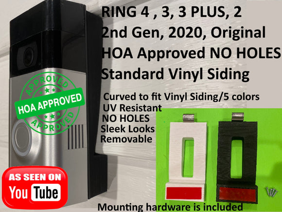 HOA APPROVED NO SCREW HOLES MOUNT for Ring Battery Plus, 4, 2, 2nd ,2020, 3, 3 Plus  Standard Vinyl Siding