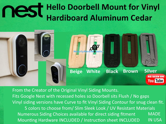 Google NEST Wired Gen 1 and 2 Doorbell Mount for Vinyl, Hardi board, Aluminum, Cedar [Choose Siding] [5 colors]